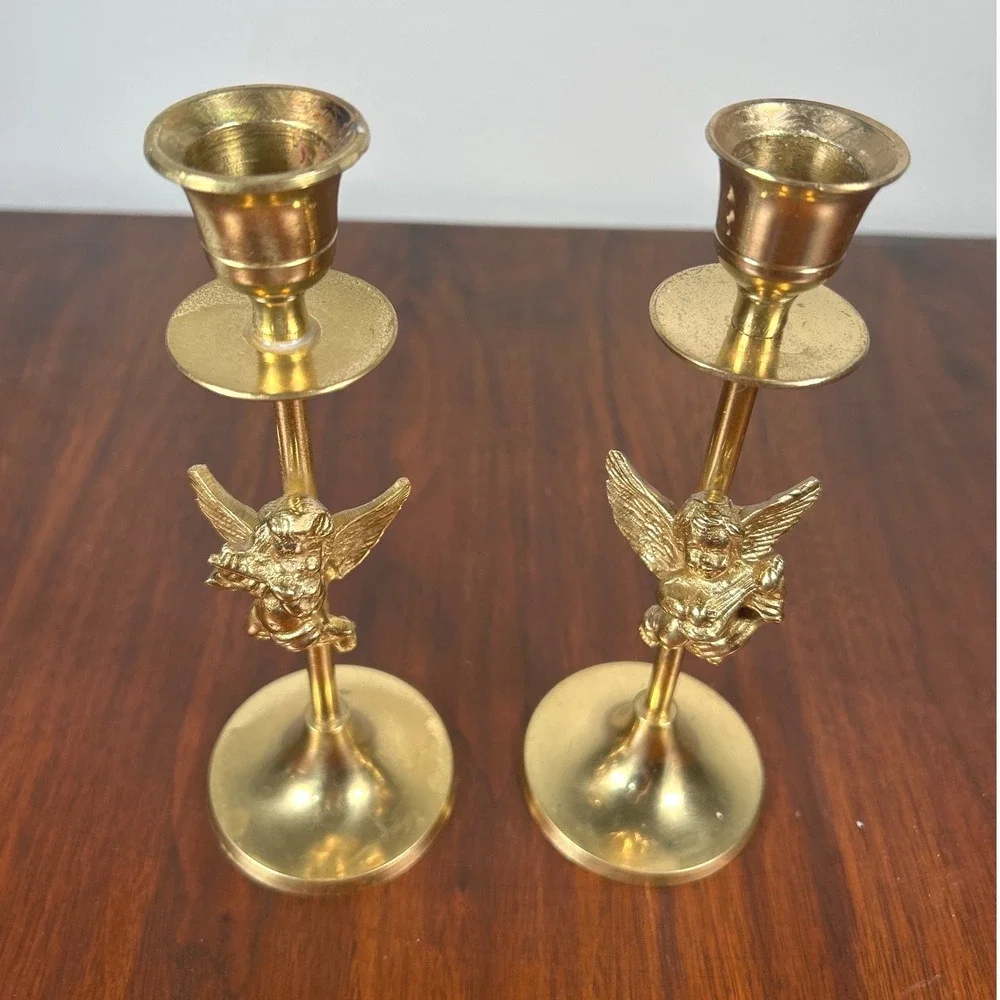 Brass Cherub Angel Candlestick Holders MCM Art Victorian Romantic India Gold TWO